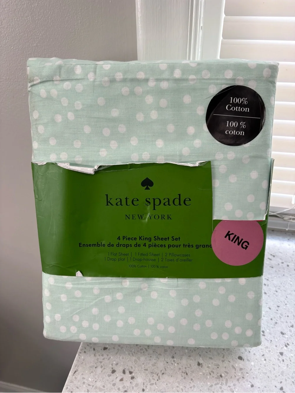 NEW kate spade Light Blue and White Polka Dot King Sheet Set